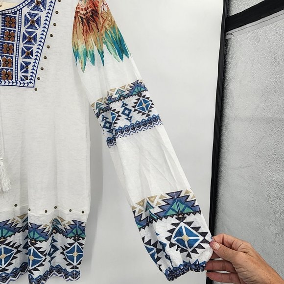 MONTANA WEST Delila Boho Embroidered Aztec Graphic Long Sleeve Blouse Small NWT - Picture 6 of 12